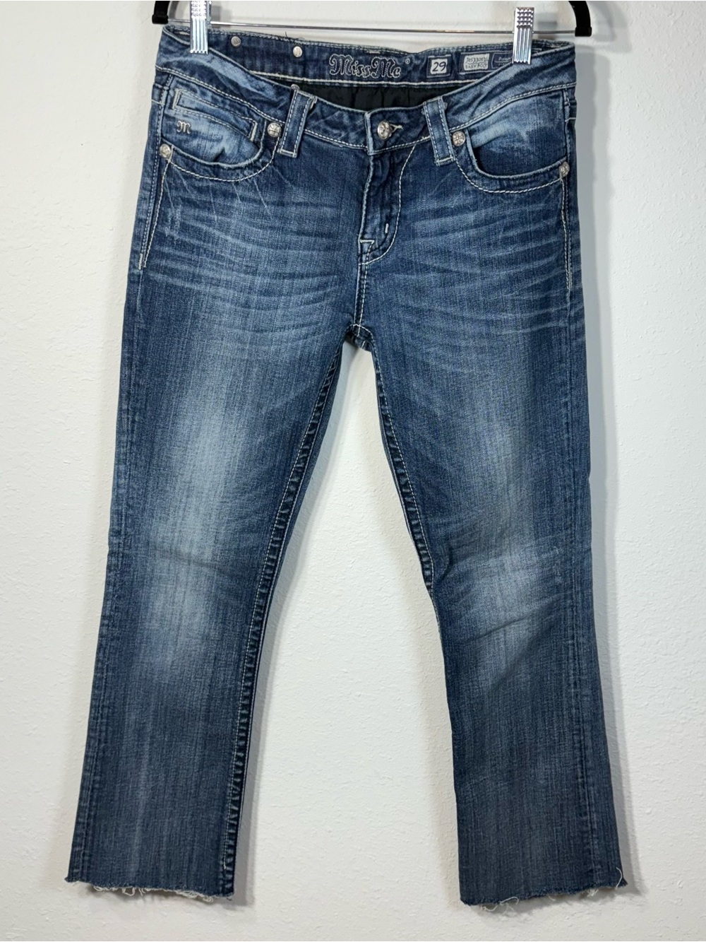 Miss Me Womens Easy Boot Cut Jeans 29 Blue Raw Hem Flap Pocket Bling Hem Altered